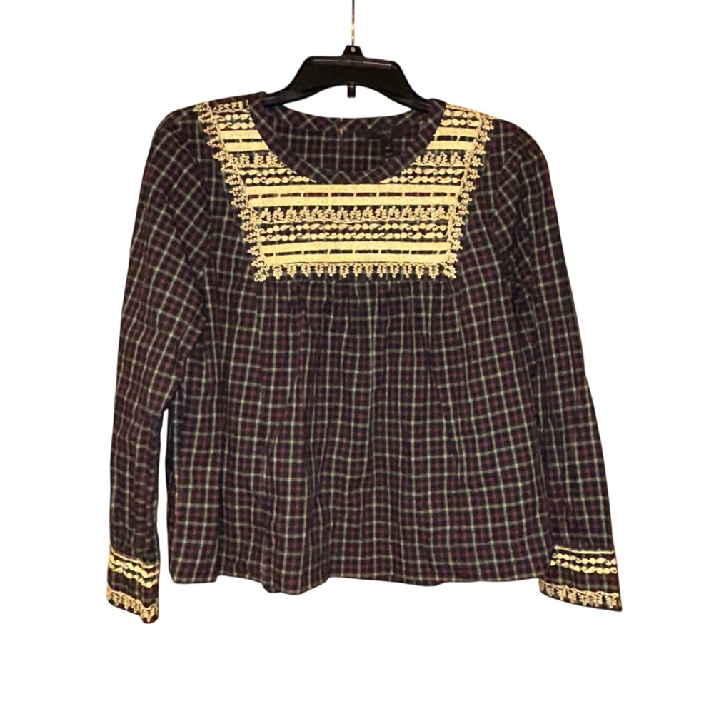 J.Crew Tartan Plaid Blouse Womens Petite Medium Cotton Gold Lace Holiday Party